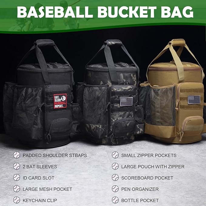 Baseball Bucket Bag Baseball Coaching Accessories Organizer Softball Bucket Bag with Anti-Slip Bottom & Multiple Pockets for Bat, Gloves, Scoreboards