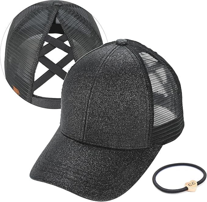 C.C Ponycap Messy High Bun Ponytail Adjustable Glitter Mesh Trucker Baseball Cap