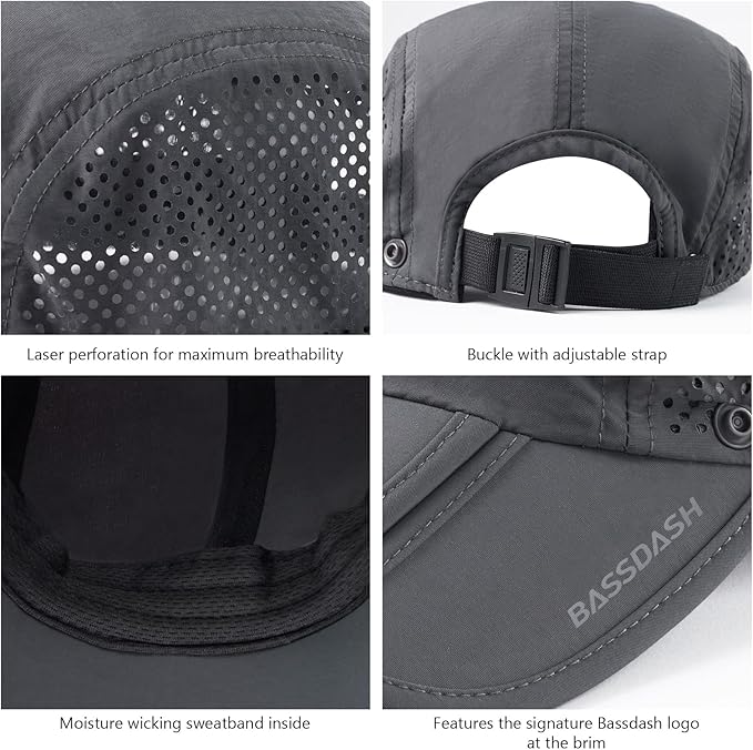 BASSDASH UPF 50+ Foldable Fishing Hat Baseball Cap with Removable Neck Flap Portable for Men Women Golf Hiking