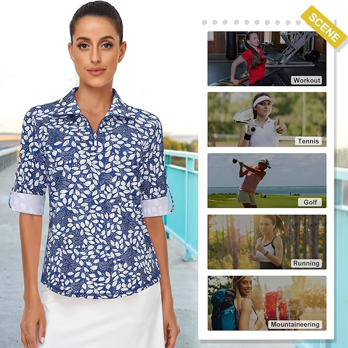 Koscacy Women's 3/4 Roll Sleeve Golf Tennis Polo Shirts UPF50+ Half Zip Dry Fit Workout Tops Athletic Shirt