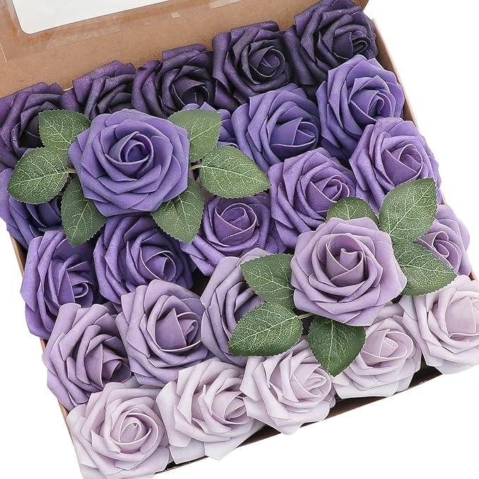 Floroom Artificial Flowers 25pcs Real Looking Lavender Purple Ombre Colors Foam by Floroom