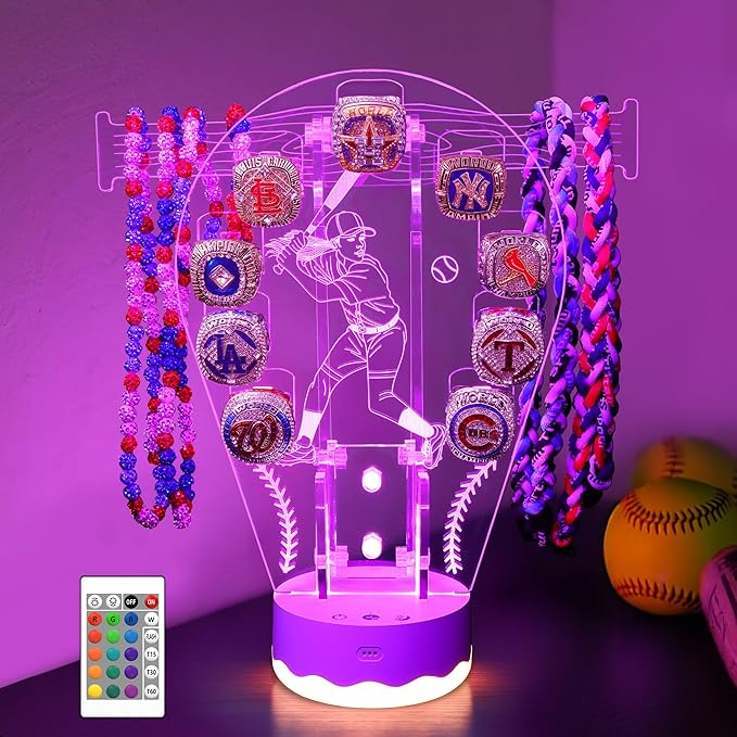 CoolGift Mart Light Up Softball Ring Holder, 16 Colors 3D LED Lights Acrylic Championship Ring Display Stand, with Remote Control, Birthday Xmas Softball Gifts for Girls Women Players Fans