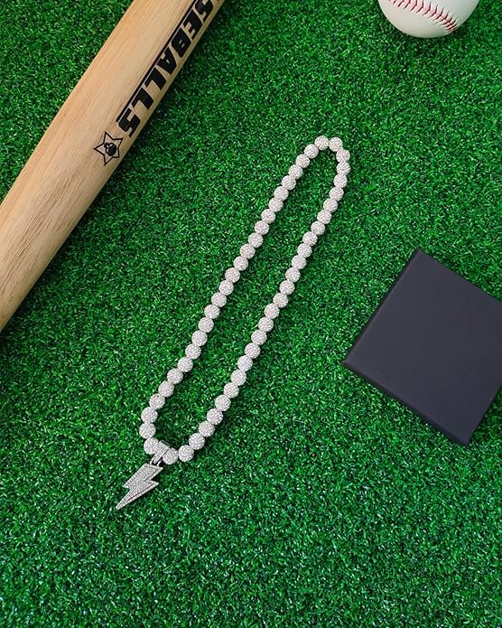 Baseball Necklace for Men 16/18/20 Inch Bling Ice Collection Lightning Bolt Pendant Necklace for Women Rhinestone Clay Beaded Discoball Accessories Gifts for Baseball Team Players Lovers