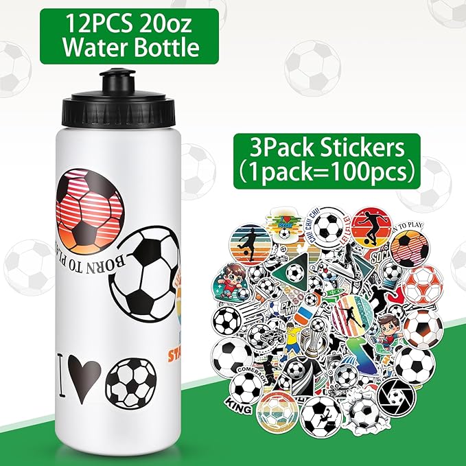 Soccer Party Favors, 12 Pack Soccer Water Bottles with 300 PCS Stickers, 20 oz Sports Squeeze Bottle, BPA-Free Reusable Water Bottles Bulk for Boys, Gifts For Team