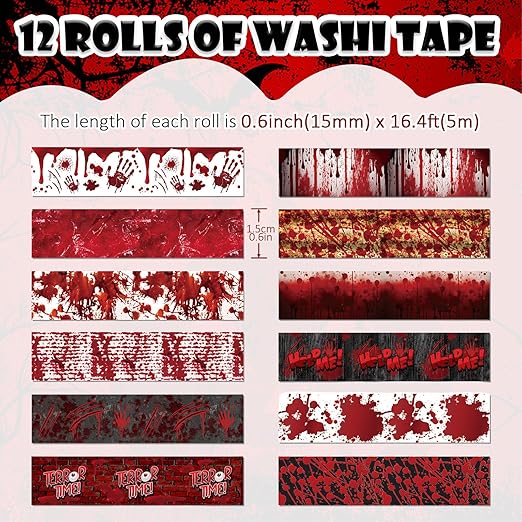 12 Rolls Halloween Washi Tape Bloody Printing Tapes Spooky Bloodstain Pattern - Image 2