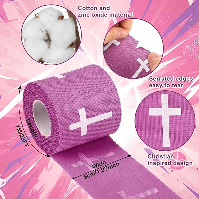 MiniInflat 2 Pcs Christian Cross Athletic Tape Sports Tape 2in x 23ft Religion Jesus Wrist Wrap for Soccer Football Baseball, Gift for Graduation Teacher Nurses Week Pentecost(Purple,Crosses)