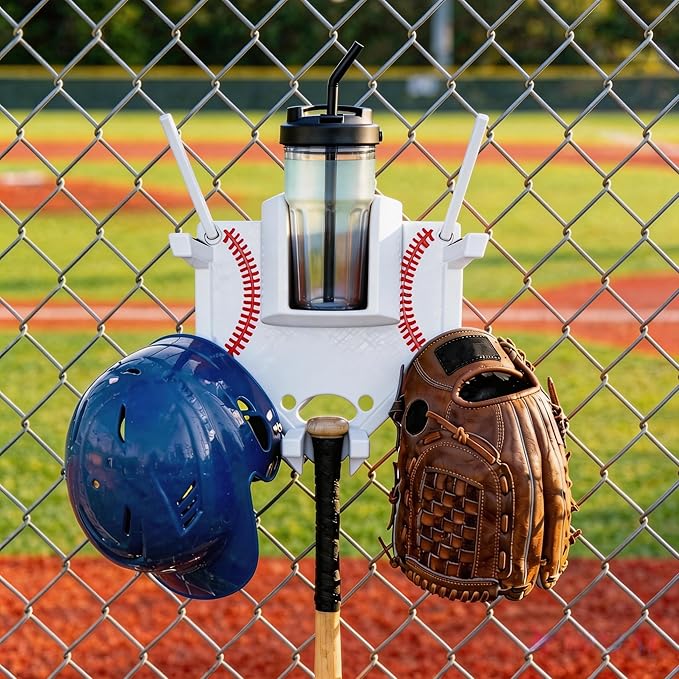 Baseball and Softball Dugout Organizer, Fence-Mounted Hanging Rack for Bats Helmets Gloves Drinks, Portable and Space-Saving (White)