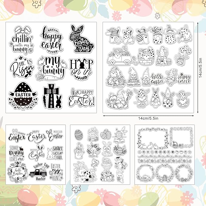 Whaline 5 Sheet Easter Clear Stamps Bunny Rabbit Egg Gnome Words Silicone - Image 2