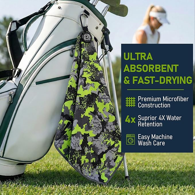 Magnetic Golf Towel 16x24 Ultra Absorbent Waffle Microfiber, Strong Magnet for Cart Clubs, Spot-Clean Design Golf Accessories Gifts for Men (Green-Camo)
