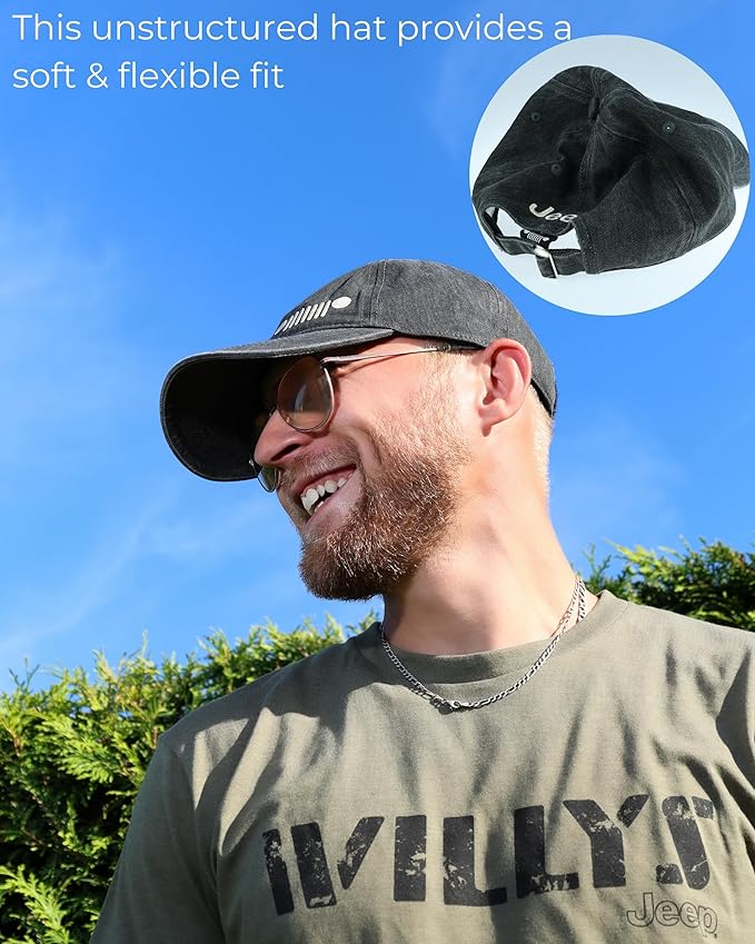 Jeep Grille Logo Garment Washed Baseball Cap – Adjustable Black Hat with Embroidered 7-Slot Grille