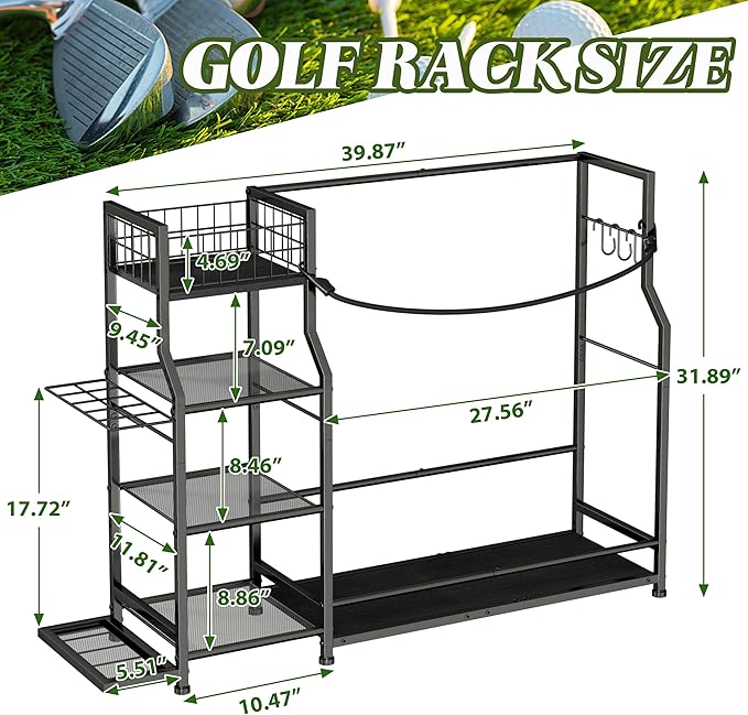 Golf Bag Storage Organizer for Golf Accessories, Golf Bag Stand with Extra Storage Rack for Golf Clubs & Golf Essentials, Golf Bag Holder for Garage Organization Fits 2 Bags, Metal & Wood Construction