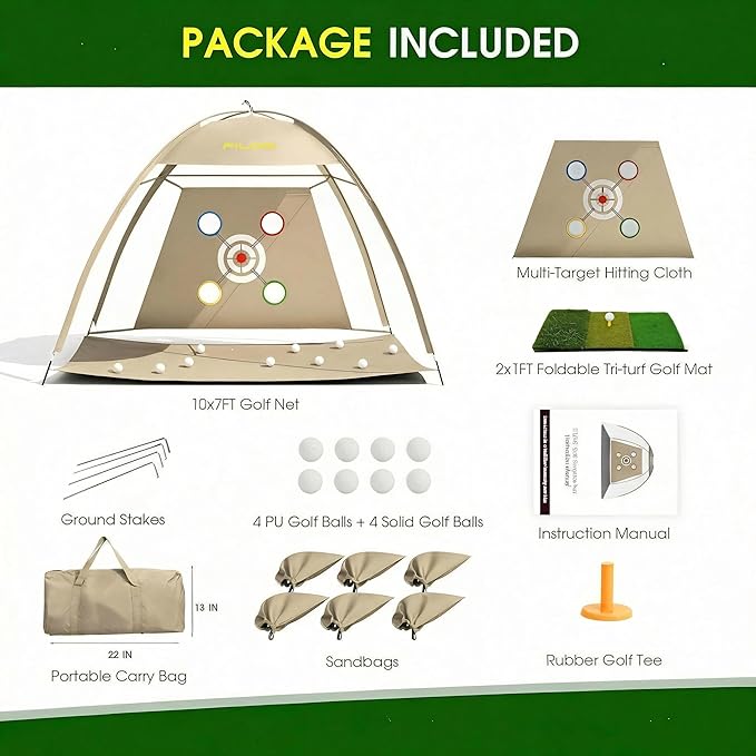 FILORI Golf Practice Net 10x7FT - Golf Hitting Net with Tri-Turf Mat, 8 Balls, Tee & Carry Bag, Indoor/Outdoor Backyard Training for Driving Chipping Swing, Ideal Gifts
