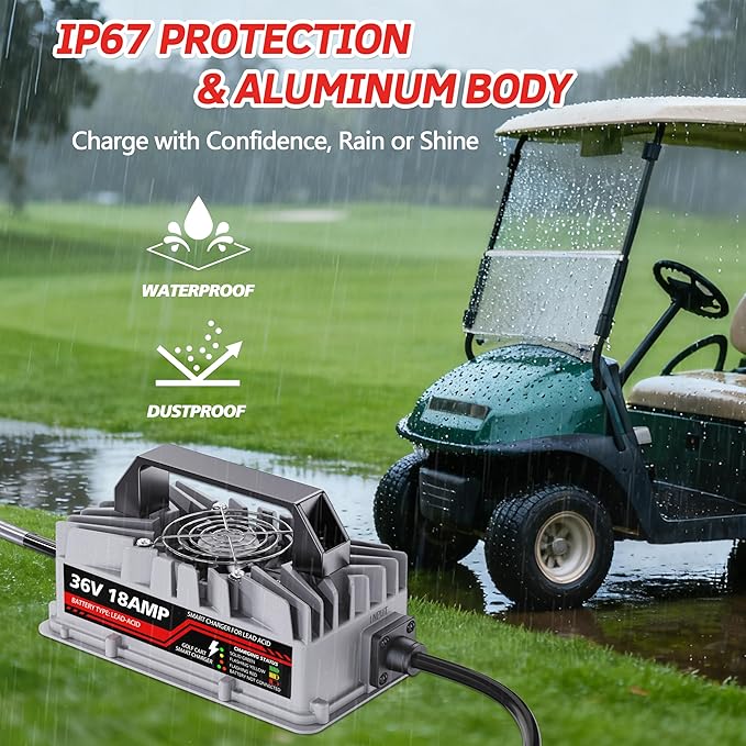 18 Amp 36 Volt Golf Cart Battery Charger for EZGO TXT - D-Style Plug, Smart Charger for Lead-Acid Batteries, IP67 Waterproof, Multi-Protection, Unique Design (Silver)