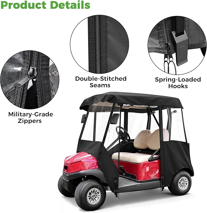 10L0L 2/4/8 Passenger Golf Cart Enclosure for Club Car Precedent/Tempo/Onward, 600D Waterproof Golf Cart Rain Cover, Driving Enclosure with 4-Sided Clear Windows Roll-up Door Black -Roof 58"-141"