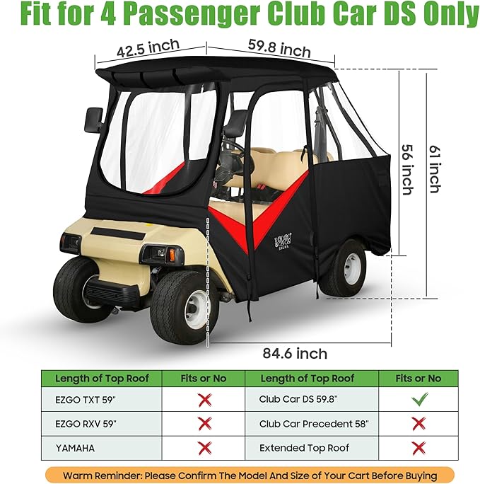 10L0L Golf Cart Driving Enclosure for Club Car DS 2+2 Passenger Short Roof Waterproof Windproof Heavy Duty 600D Rain Cover with 4-Sided Clear Windows & Durable Door Zipper, All-Weather Protection Red