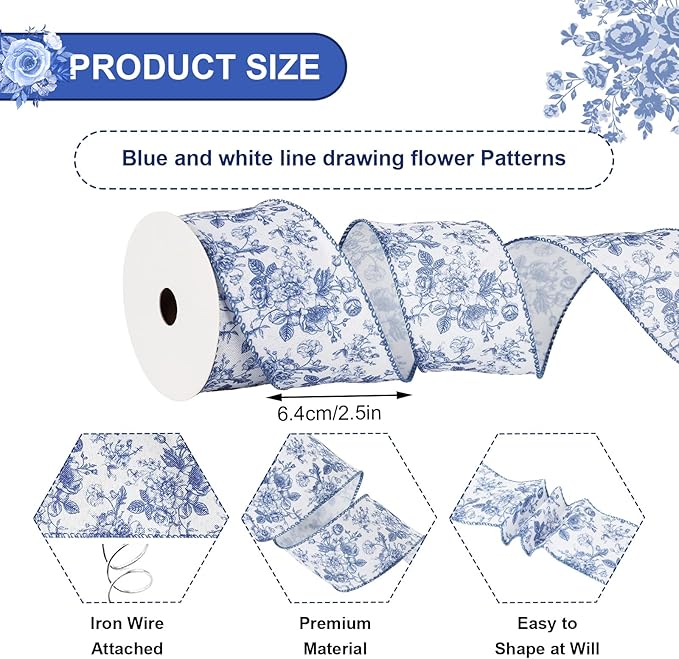 Generic AnyDesign Floral Wired Edge Ribbon Blue Flower Craft Ribbon Chinoiserie - Image 2