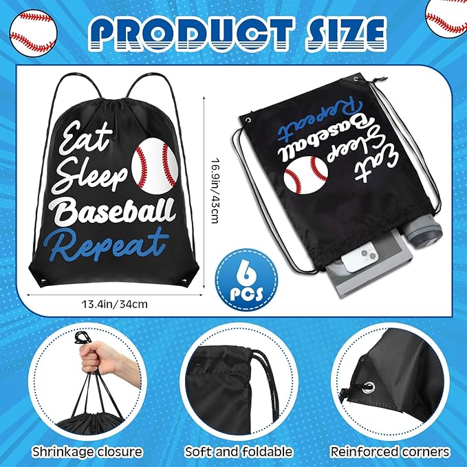 Reallnaive 12 Pcs Baseball Party Favors Gifts, 24 oz Baseball Water Bottles Reusable Sport Squeeze Drinking Cup, Eat Sleep Drawstring Bag Sport Pack Cinch Sack for School Team Gift Event Accessories