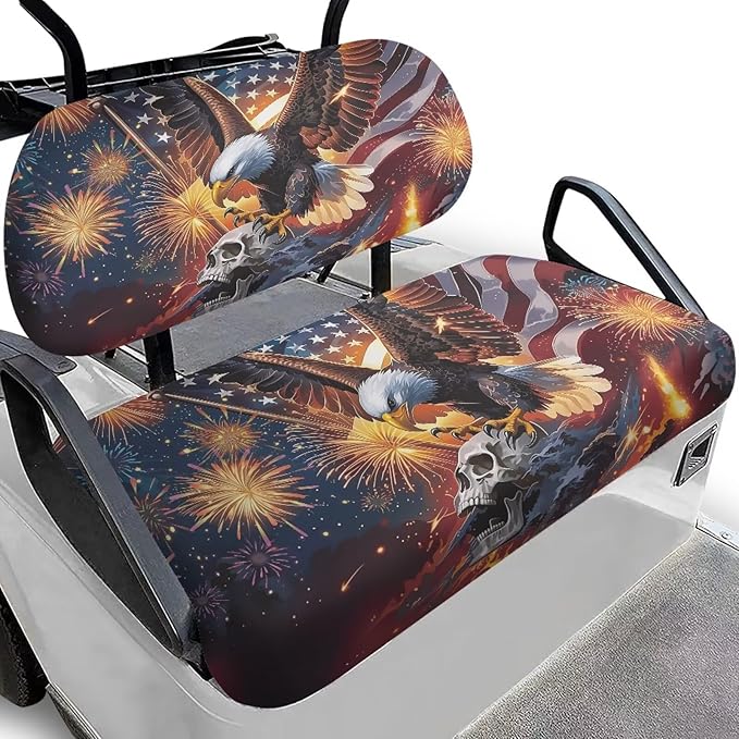 Bulopur Eagle American Flag Skull Golf Cart Seat Covers 2 Pack Fit for EZGO TXT RXV/Club Car DS Precedent Golf Cart Seat Covers for 2 Passenger Carts Soft Breathable Golfcart Seats Blanket Washable