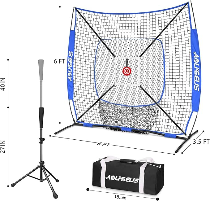 6'X6' Baseball Softball Practice Net,Pitching Net,Batting Net,with Bonus Strike Zone,Target and Bow Frame,for Hitting,Pitching,Catching