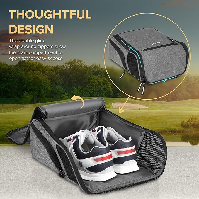 Golf Shoe Bag Men Women, Padded Golf Shoe Carry Bags with Clasped Strap Handle & Side Ventilation, 3 Pockets for Golf Tees, Balls & Accessories, Perfect for Sport Golf Baseball Soccer
