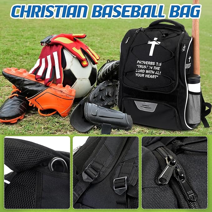 Christian Baseball Bag Cross Baseball Backpack for Youth Adult Religious T-Ball Softball Equipment Gear with Separate Shoes Compartment Fence Hook for Helmet & Accessories