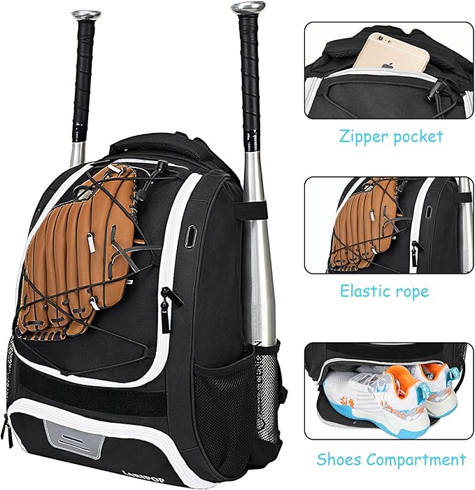 LARIPOP Youth Baseball Bag, Bat Backpack with Fence Hook & Separate Shoe Compartment, Waterproof Equipment Bag for Baseball, T-Ball & Softball