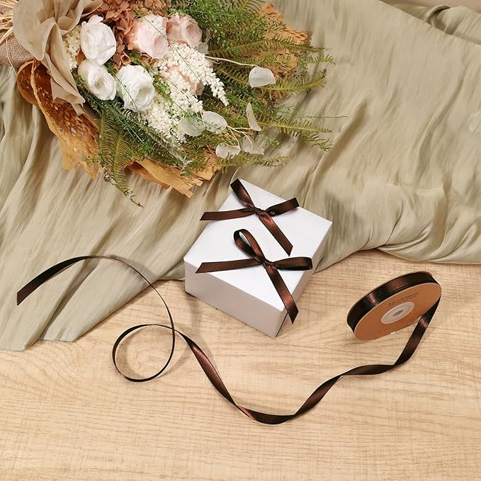 LaRibbons Brown Satin Ribbon 3/8 Inch 50 Yards Thin Luxury Double Faced Firar - Image 2