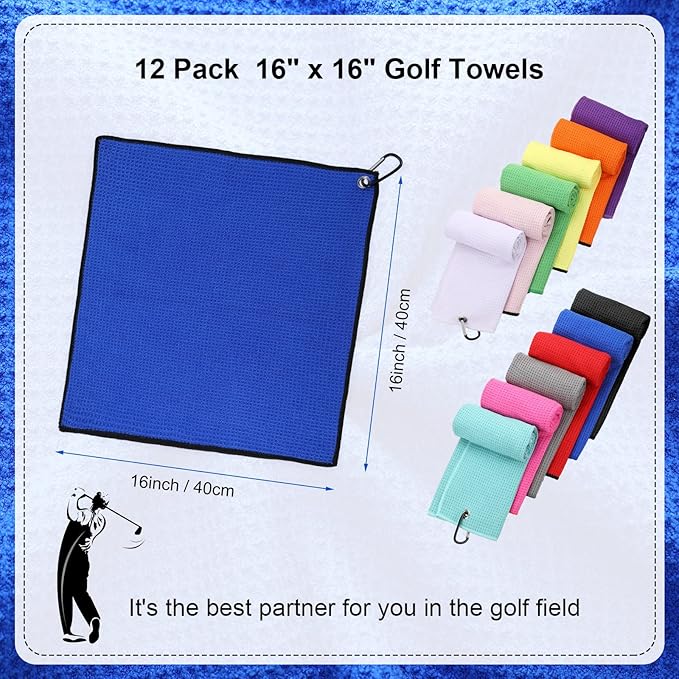 Batiyeer Golf Towel Bulk for Golf Bags 16'' x 16'' Microfiber Fabric Towel with Clip Waffle Pattern, Fitness, Camping, Hiking, Yoga