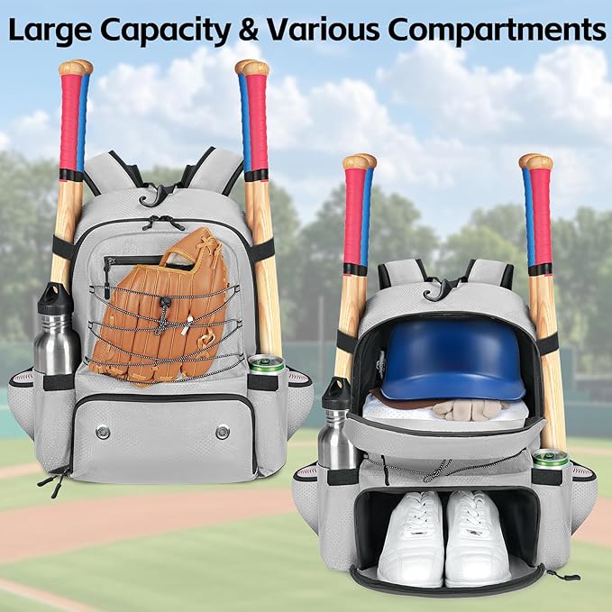 MATEIN Baseball Bat Bag for 4 Bats with Ball Pocket, Lightweight Youth Baseball Backpack with Shoe Compartment, Large Capacity Softball Equipment Bag with Fence Hook for TBall Gear, Helmet, Glove
