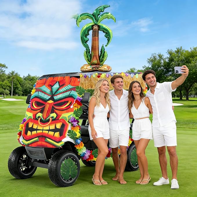31 Pcs Luau Tropical Golf Cart Parade Decorations, Summer Tropical Golf Cart Decor with Tiki Fabric Backdrop,Hawaiian Grass Table Skirt, Hawaiian Wreath, 9.8FT LED Lights & Leaves