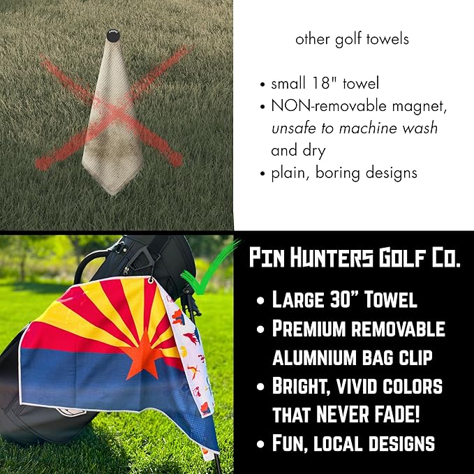 Pin Hunters Arizona Flag Microfiber Golf Towel | Premium Waffle Towel with Clip | Large 31"×15.5" Towel for Golf Bags | Accessories for Men | Fun Gift for Husband | USA Pride