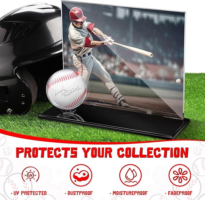 DoubleFill Acrylic Baseball Display Case for Ball and Cards Extra Large Clear Base Ball Holder Ring Stand Set Centerpieces Protector Memorabilia Showcase for Official Size Baseball