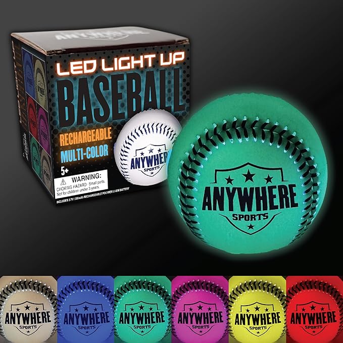 Anywhere Sports Pro Glow Light-Up Baseball – Regulation Size LED Color Changing Baseball with USB Rechargeable Battery – Official Weight Ball for Kids & Adults – Night Play Outdoor Sports Toy Gift
