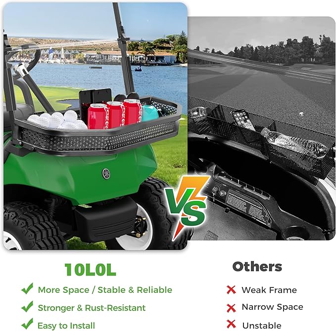 10L0L Golf Cart Front Cargo Basket for EZGO TXT/RXV、Club Car DS/Precedent、Yamaha G22/G29 - Heavy-Duty Steel Mesh Storage Rack, Gas/Electric Compatible