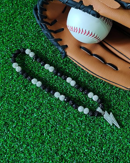 Baseball Necklace for Men 16/18/20 Inch Bling Ice Collection Lightning Bolt Pendant Necklace for Women Rhinestone Clay Beaded Discoball Accessories Gifts for Baseball Team Players Lovers