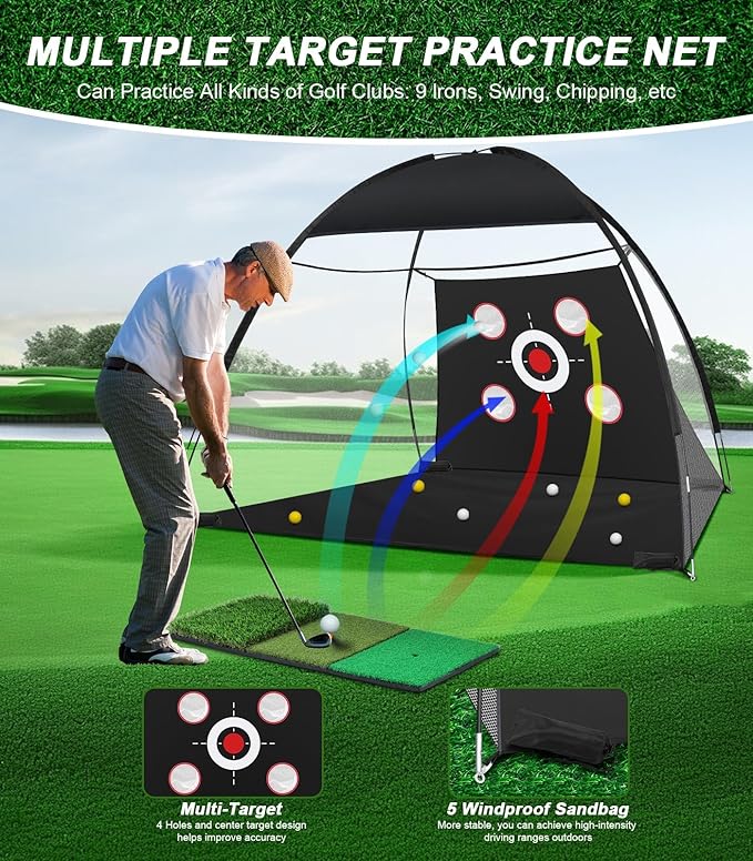 Golf Net, 10x7FT Golf Practice Net with Tri-Turf Mat for Outdoor Indoor, All-in-One Hitting Aid Nets for Backyard Training Driving Chipping Swing, Gifts for Men/Him/Dad/Golfer