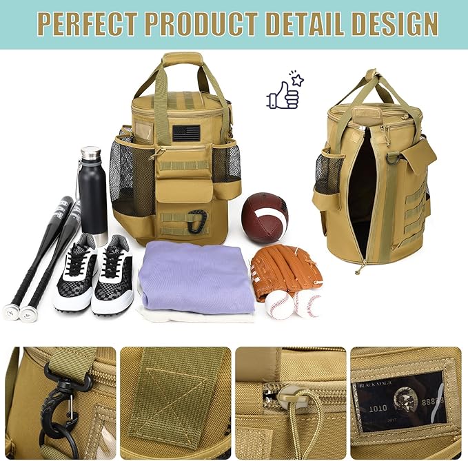 Baseball Bucket Bag Baseball Coaching Accessories Organizer Tactical Style Softball Bucket Bag with Anti-Slip Bottom, Multiple Pockets for Bat, Gloves, Scoreboards