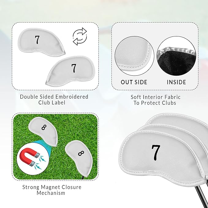 All Teed Up Premium Magnetic Leather Iron and Wedge Golf Club Head Covers | Set of 10 | Fits Most Clubs | Embroidered Club Label on Both Sides of Club Head Cover