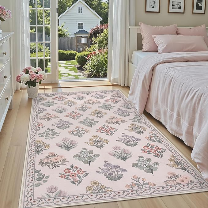 Wonnitar Boho Floral 3x5 Washable Rug, Ultra-Thin Pink Small Rugs - Image 2
