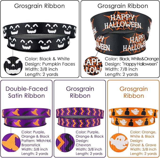 MEEDEE 3/8 inch 1 inch Halloween Ribbon Set Spooky October Ribbon Assortment 5 - Image 3