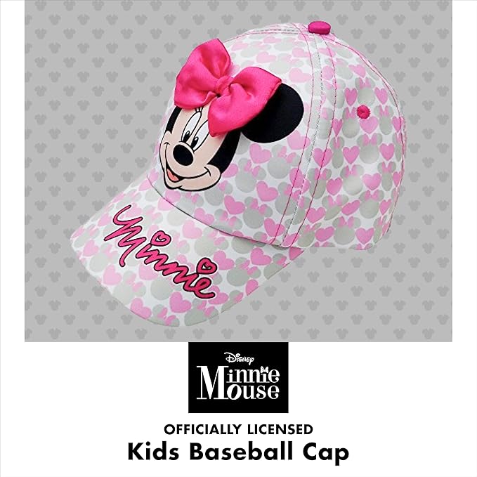 Disney Girls Baseball Cap-3D Bow Curved Brim Strap Back Hat (4-7), Size 2-4T, Minnie Mouse Hearts