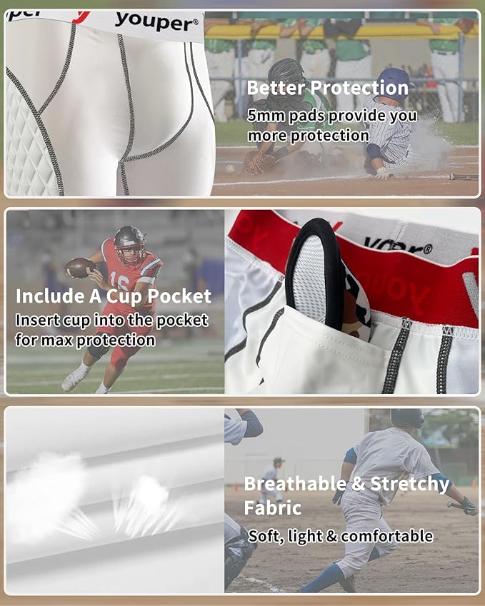 Youper Adult Elite Compression Padded Sliding Shorts w/Cup Pocket for Baseball, Football