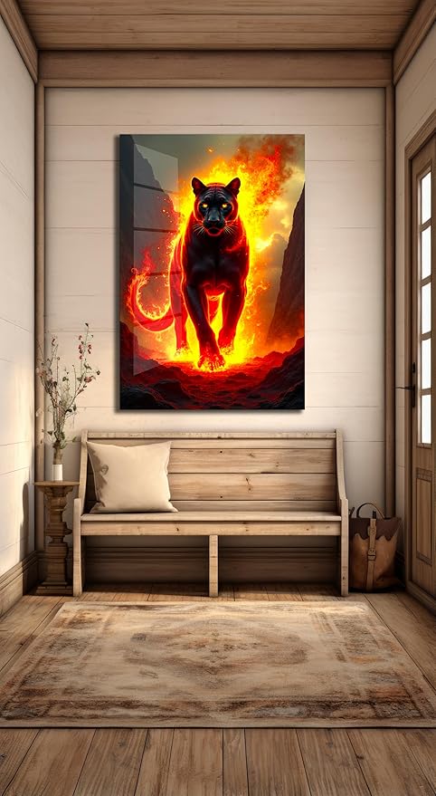 SpiritualHands Fiery Black Panther Glass Wall Art Painting - Image 2