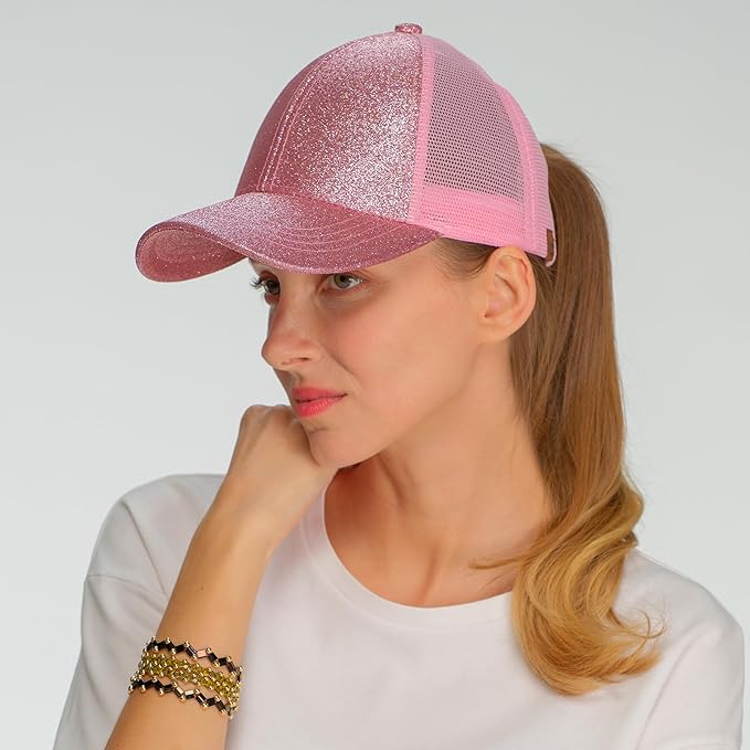 C.C Ponycap Messy High Bun Ponytail Adjustable Glitter Mesh Trucker Baseball Cap
