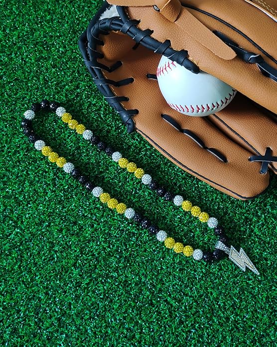 Baseball Necklace for Men 16/18/20 Inch Bling Ice Collection Lightning Bolt Pendant Necklace for Women Rhinestone Clay Beaded Discoball Accessories Gifts for Baseball Team Players Lovers