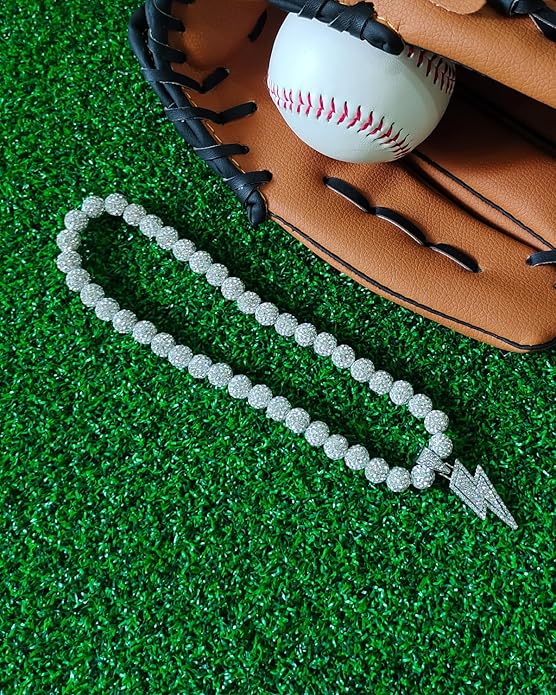 Baseball Necklace for Men 16/18/20 Inch Bling Ice Collection Lightning Bolt Pendant Necklace for Women Rhinestone Clay Beaded Discoball Accessories Gifts for Baseball Team Players Lovers
