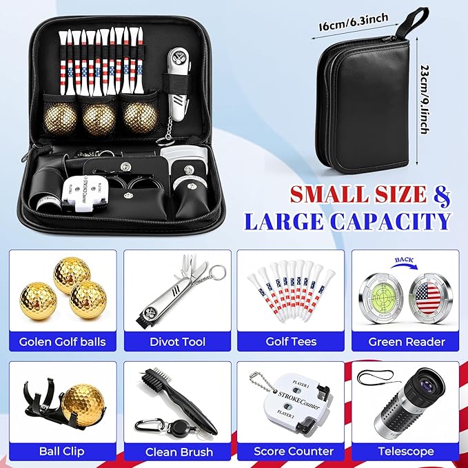 Golf Gifts for Men and Women, Golf Accessories Set with Gold Golf Balls, Telescope, Golf Tees, Brush, Divot Tool, Golf Green Reader, Scorer, Golf Ball Clamp Golf Tool Set Storage Case (Brown)