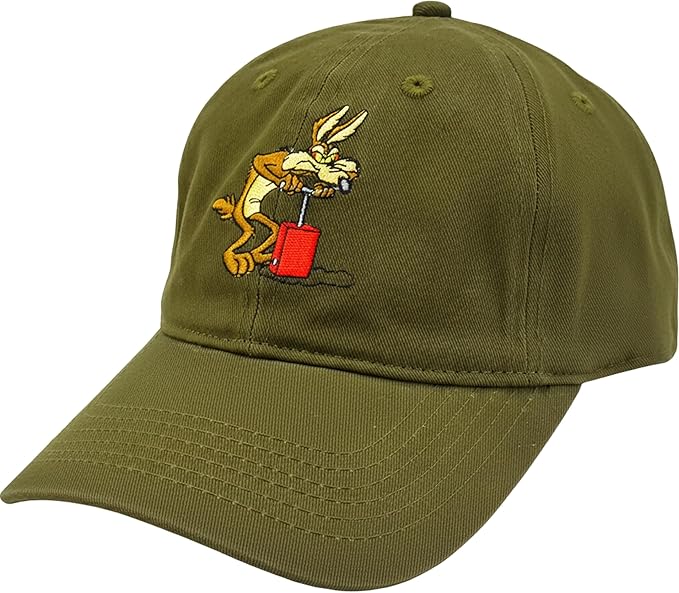 Looney Tunes Baseball Cap, Wile E. Coyote and Road Runner Adult Adjustable Cotton Dad Hat with Curved Brim for Men and Women, Olive, One Size