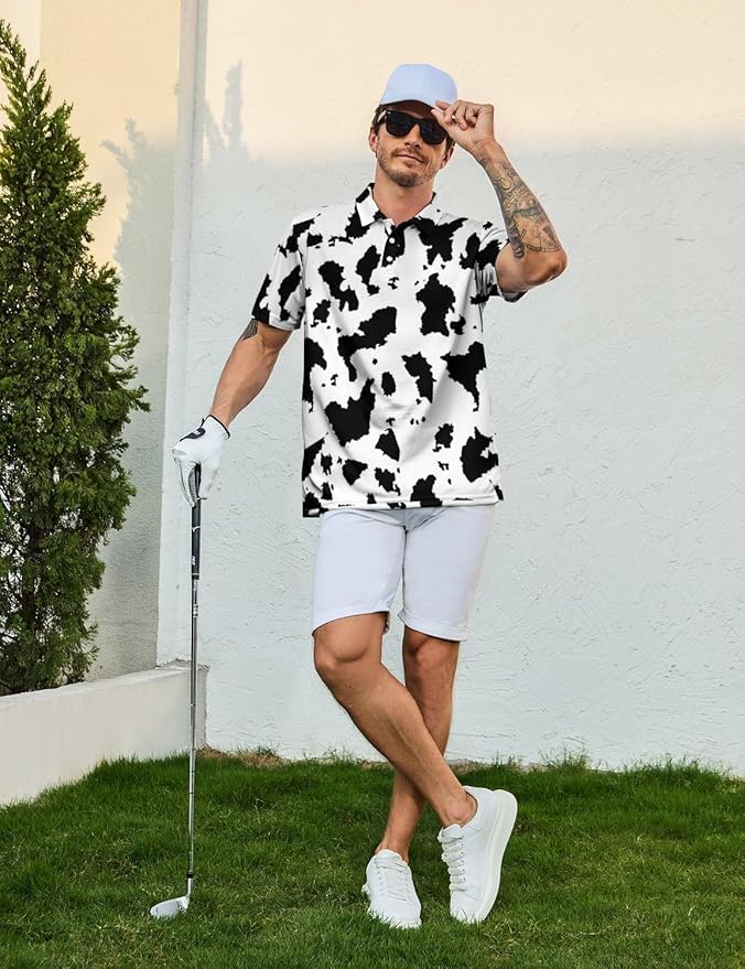 HUURAY Funny Golf Polos for Men Funny Print Short Sleeve Shirts Quick Dry Polo Shirts Hawaiian Shirt Performance Golf Outfits