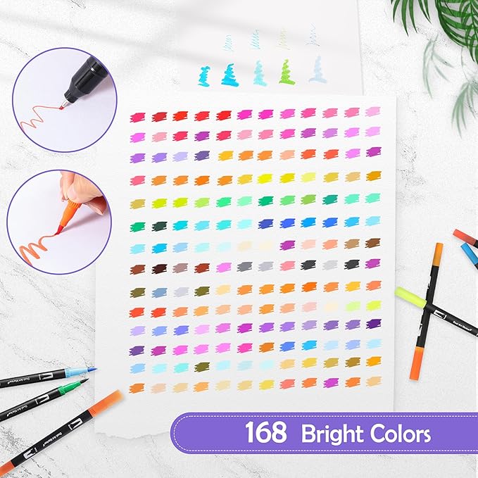 168 Colors Brush & Fine Dual Tip Watercolor Markers Set - Image 2